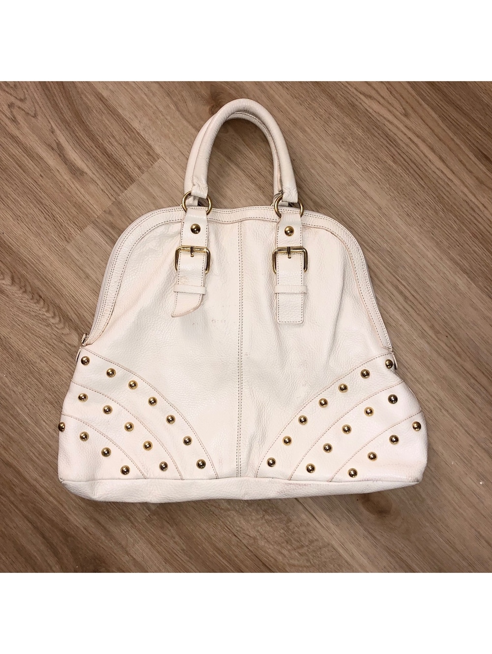 VINTAGE GUIA’S WHITE PEBBLED LEATHER HAND BAG GOLD STUDDED TOTE HOBO PURSE ITALY